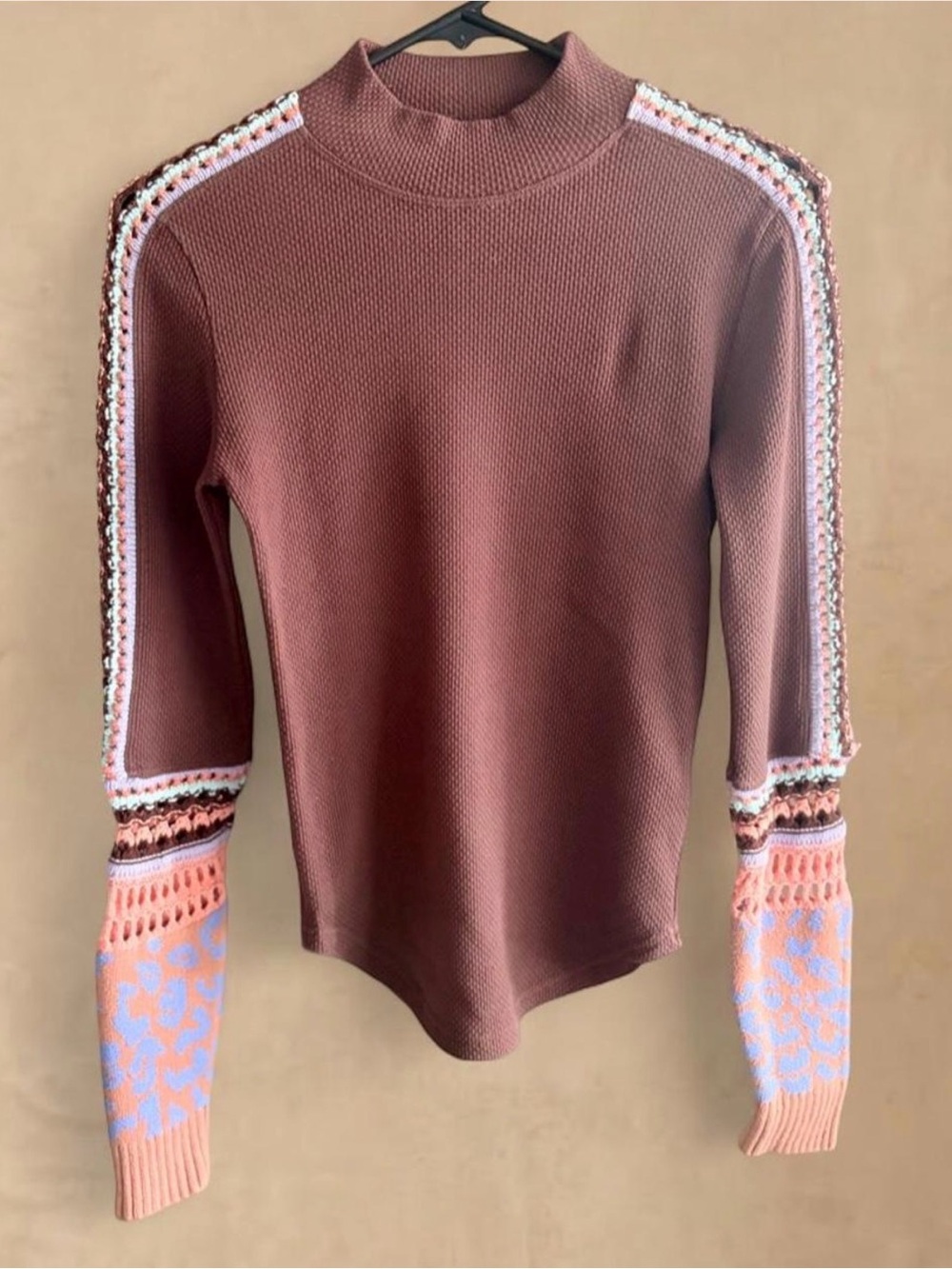Free People Mock Neck Knit Top in Dusty Rose with Peach & Lavender Accents